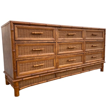 Vintage Hollywood Regency Dresser with 9 Drawers, Faux Bamboo & Rattan Wicker - American of Martinsville Brown Wooden Coastal Credenza 