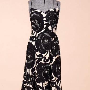 Black and White 60s Floral Dress and Sash with Beadwork, XS