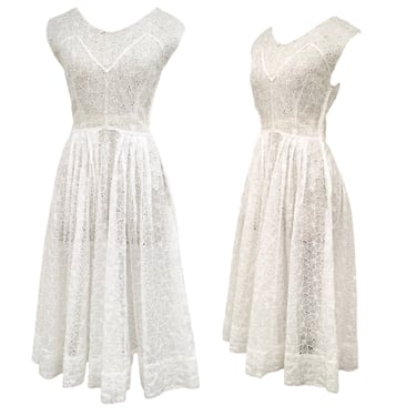 Vtg Vintage 1950s 50s 1940s 40s White Eyelet Lace Fit And Flare Pinup Day Dress 