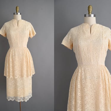 vintage 1950s Dress | Ivory Lace Peplum Cocktail Party Dress | Medium 