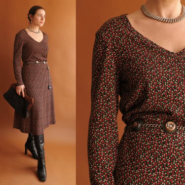 Vintage 70s Jersey Knit Long Sleeve Dress/ 1970s Black Floral/ Size Medium Large 