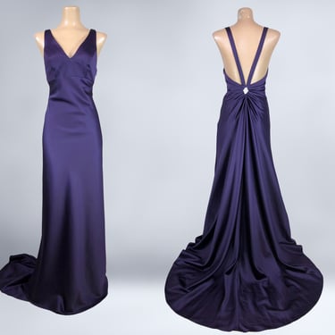 VINTAGE Y2K does 30s Aubergine Satin Open Back Formal Dress with Train by Alfred Angelo 4 | 2000s Old Hollywood Gothic Bridesmaid Gown | vfg 