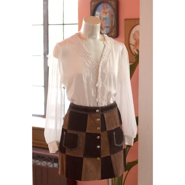 Vintage Suede Mini Skirt - 1970s - Patchwork, Checkered - Mod, Boho - A-Line - Fall 