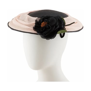 Jacques Fath Copie 1950s Vintage Pink & Black Straw Saucer Fascinator Hat 