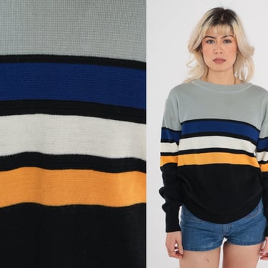 Color Block Sweater 80s Grey Black Striped Knit Sweater Blue Pullover Crewneck Acrylic Basic Vintage 1980s Large L 
