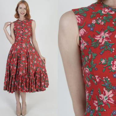 Betsey Johnson Alley Cat Label Dress Button Up Designer Floral Sundress Full Skirt Vintage 70s Tiered Dress 