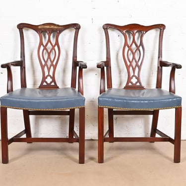 Hickory Chair Georgian Carved Mahogany Leather Upholstered Dining Arm Chairs, Pair