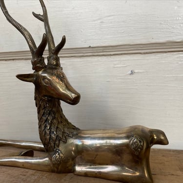 Vintage Large Brass Stag Deer Laying Down, Christmas Vignette, Winter Scene, Brass Deer, Male Deer 