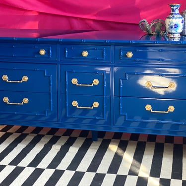 Lacquered Faux Bamboo Dresser in Blue  - 