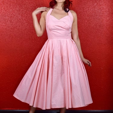 1950s Pink Polka Dot Fit & Flare Cotton Dress 