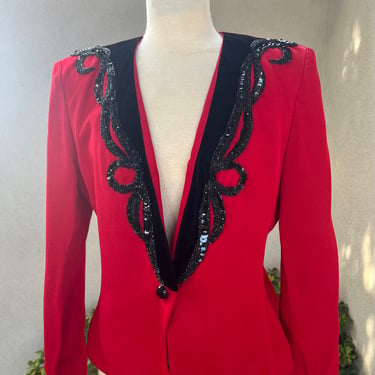 Vintage 80s bold red jacket black velvet beads trim Sz 14 medium by Nah Nah Collection 