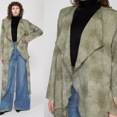 Medium 90s Boho Sheer Green Crinkle Textured Cover Up | Vintage Open Fit Long Overshirt Lightweight Jacket 