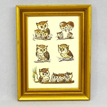 60s 70s Owl Family Print - Framed but No Glass - 5x7 print signed Thayer - Brown Gold - Wooden Frame - Vintage 1960s 1970s 