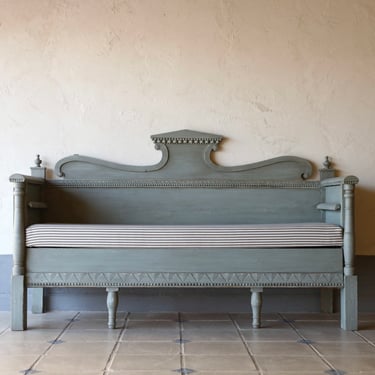 19th C. Swedish Green Bench with Brown Ticking