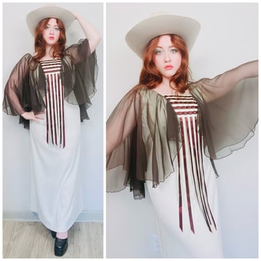 1970s Vintage Brown and Cream Ribbon Woven Maxi Dress / 70s Sheer Angel Sleeve Knit Disco Gown / Size Medium 