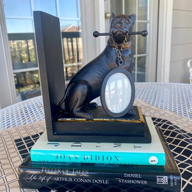 Large Faux Bronze Boxer Dog Holding Oval Picture Frame Bookend 