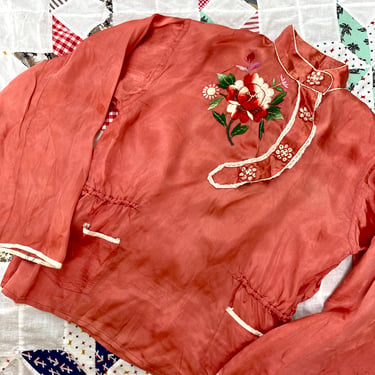 Vintage 40s Souvenir Embroidered Coral Silk Pajama Set Peach Pink WWII by TimeBa
