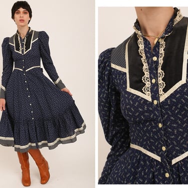Vintage 1970s 70s Gunne Sax Jessica McClintock Navy Floral Calico Button Up Midi Dress w/ Puff Sleeves, Velvet Inserts, Crochet Lace 
