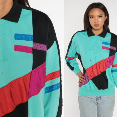 80s Color Block Sweatshirt Turquoise Polo Rivet Quarter Button Up Shirt 1980s Black Striped Sweater Slouchy Pullover Red Purple Medium 