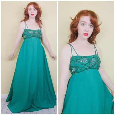 1960s Vintage Emerald Green Empire Waist Maxi Dress / 60s Sequin Paisley Chiffon Gown / Size Small - Medium 