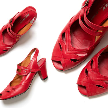 Modern 1930s Style Shoes | 30s Inspired RE-MIX Red Leather Heels Peep Toe Cuban Heel Cutout Strappy Sandals (US 6.5) 