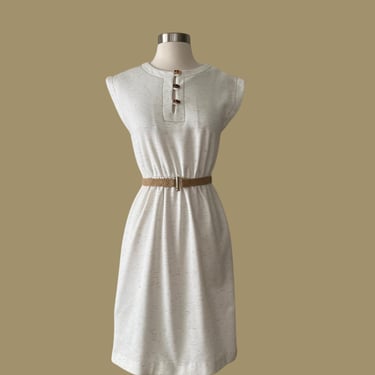 Vintage 70s White & Tan Aygee Dress, Size Estimate XS/S 