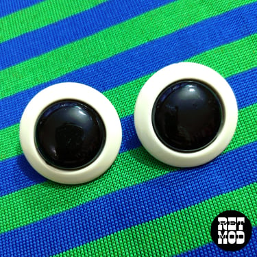 Mod Vintage Black & Off-White Bullseye Round Statement Clip-On Earrings 