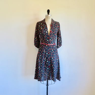 Vintage 1940's Navy Blue and Red Cherry Print Rayon Day Dress Glass Buttons Rockabilly Swing WW2 Era 40's Dresses 28.5