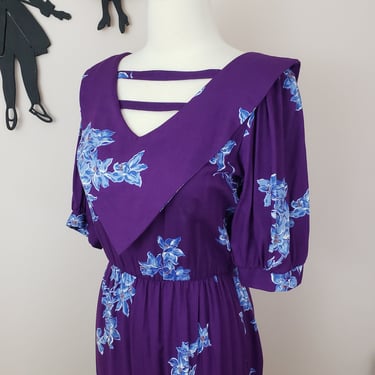 Vintage 1980's Purple Dress / 80s Floral Day Dress S/M 