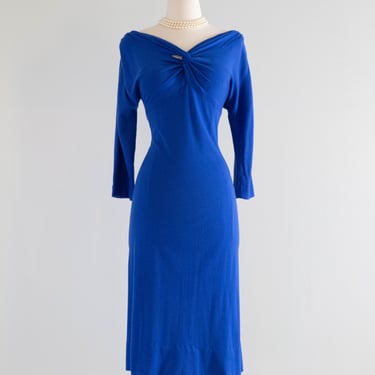 Late 1950's Joan Holloway Royal Blue Knit Wiggle Dress / ML