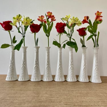 Vintage Milk Glass Bud Vases - Stars and Bars Pattern - Set of 8 White Milk Glass Tall Bud Vases - Wedding Bridal Shower Decor 