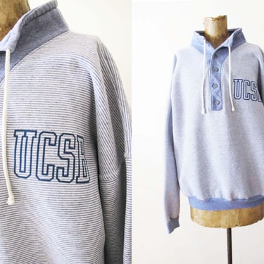 Vintage 90s UCSB Striped Mockneck Sweatshirt M L - Baggy Grunge Collared Santa Barbara California Pullover College University Sweater 