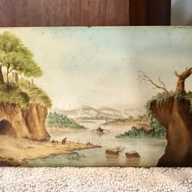19th Century Mountain Lake Small Naive Oil Painting on Beard 