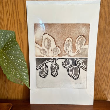 1979 "Summer Reflections" / signed original intaglio print by Oregon artist Gloria Cornelius / unopened dead stock abstract organic mushroom 