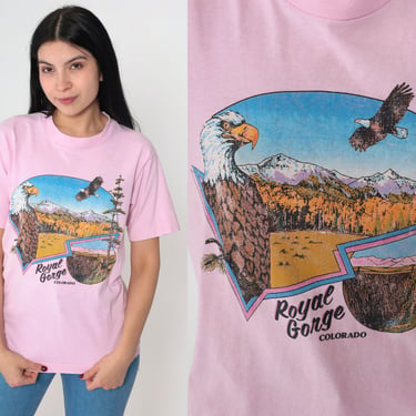 Colorado T-Shirt 90s Royal Gorge Shirt Eagle Mountains Bird Animal Wildlife Graphic Tee Hiking TShirt Pink Single Stitch Vintage 1990s Small 