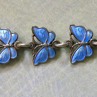 Vintage Sterling Enamel Denmark VB Volmer Bahner Bracelet, Mid Century Sterling and Blue Enamel Butterfly Bracelet (#4479) 