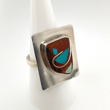 Vintage Modern Abstract Turquoise Red Stone Mosaic Inlay Sterling Silver Ring Sz 9.25 