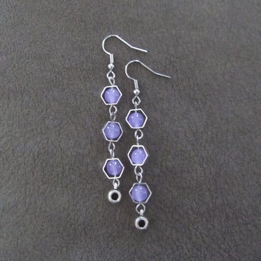 Silver and purple geometric hexagon earrings 