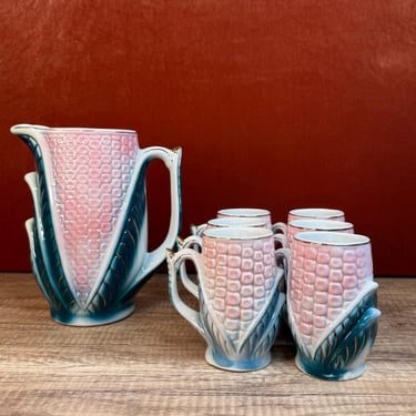 Colorful Brazilian Hand Painted Corn Pattern Pitcher with 6 Fun and Unique Matching Mugs for Kitchen Decor 