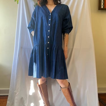 Vintage Denim Dress / Denim Midi Drop Waist Dress / Autumnal Dress 