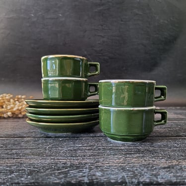 Bistroware Porcelain Coffee Cups and Saucers Green Vert Empire with Gold, Flat Cup Set of 4 Ceramic Green, Brasserie Coffee Bistro Style 
