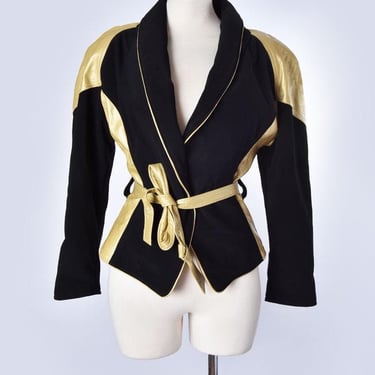 1980s Gold & Black Leather Jacket Vintage The Icing Tie Belt Coat Women's 