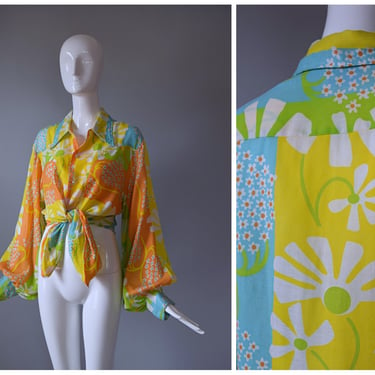 Vintage 1960s Never Needs Ironing Yellow Psychedelic Floral Print Balloon Sleeve Button Down Top 