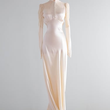 Gleaming 1930's Satin Bias Cut Lace Wedding Gown With Lace Sleeves and Collar / Medium
