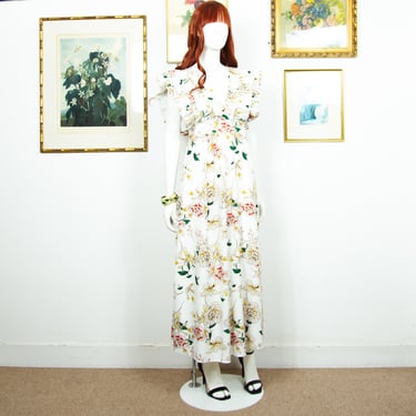 Vintage 1980s White Floral Maxi Summer Dress Ruffles Sleeveless Fit And Flare Open Back Size S UK 10 