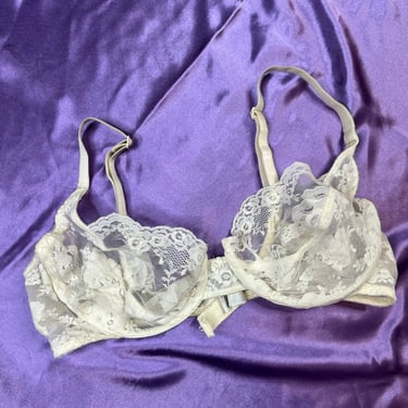 White Lace Underwire Bra with Shoulder Pads - 1980s, Logan's Clothing