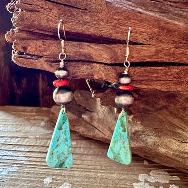 DINE’H NATIVE ARTS Turquoise & Silver Earrings | Sterling | Spiney Oyster Nuggets | Dangle Triangles | Native American Southwestern Jewelry 