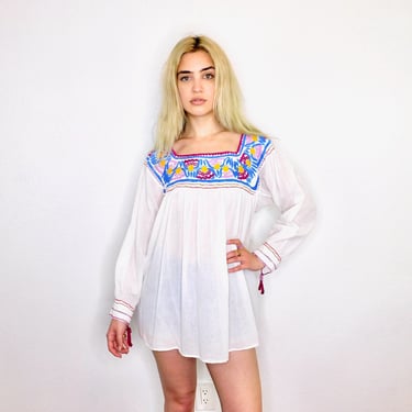 Mexican Gauze Blouse // vintage cotton boho hippie Mexican hand embroidered dress hippy tunic mini dress white // O/S 