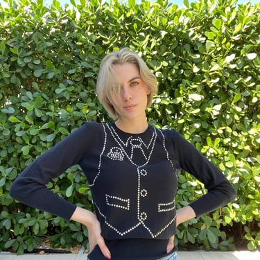 Sonia Rykiel Sweater / Henry Bendel / Made in Italy Designer Knitwear / Rhinestone Tuxedo Knit Top 