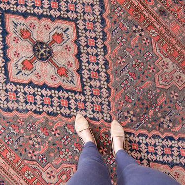 Antique 6’8” x 12’11” Rug Large Medallions Geometric Red Pink Blue Knotted Wool Low Pile Rug 1920s - FREE DOMESTIC SHIPPING 